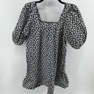 Billabong Dress Womens Small Black White Floral Puff Sleeve Square Neck